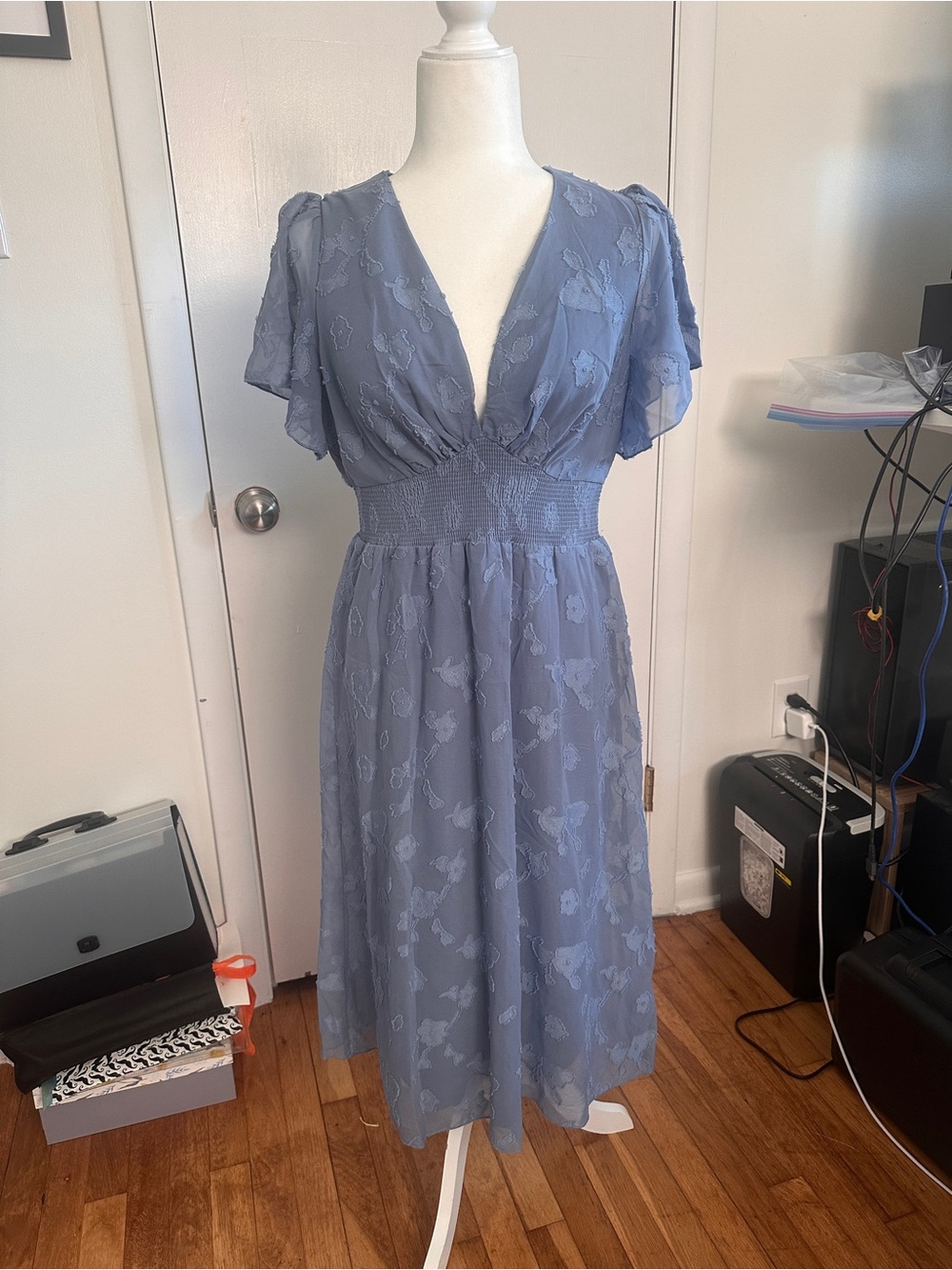 Baltic Born Dusty Blue Embroidered V-Neck Midi Dress